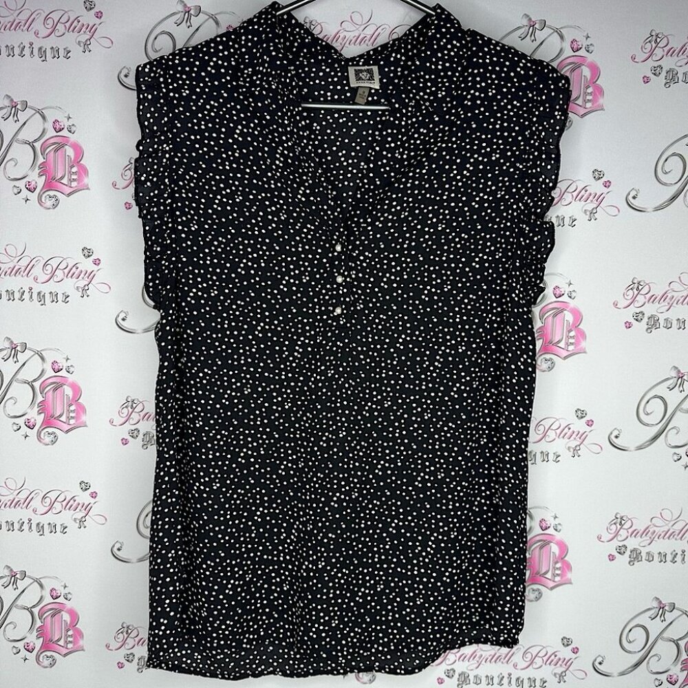 Anne Klein tank top buttons ruffle frill Black and White Polka Dot Top